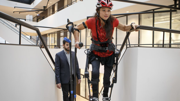 Switzerland's handbike paraplegics athlete Silke Pan makes a demonstration of the new version 2018 of the exoskeleton "Twiice One" by the Robotic Systems Laboratory of EPFL  in Lausanne,.