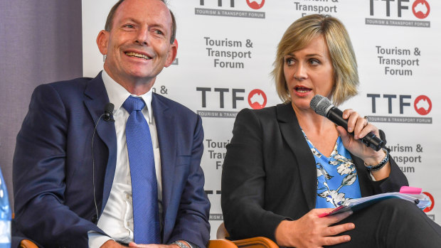 Tony Abbott with independent Warringah challenger and climate action advocate Zali Steggall at a forum last month.