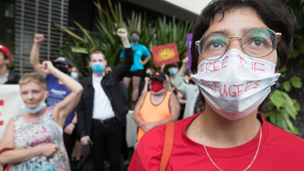 Protesters outside the Park Hotel on Thursday evening.