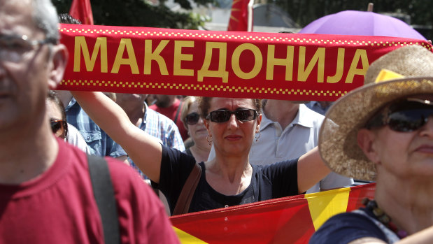 People protest against the deal between Greece and Macedonia in the southern Macedonia.