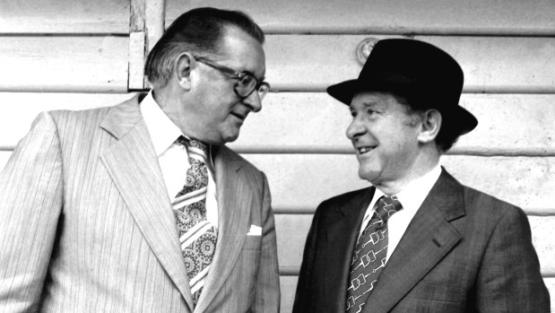 Good company: Bert Lillye with champion trainer Tommy Smith at Flemington in 1977.