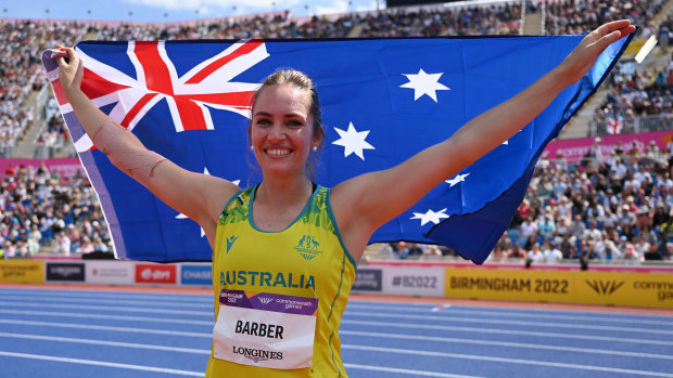 Kelsey-Lee Barber celebrates winning the gold medal in the women’s javelin throw at the Commonwealth Games.