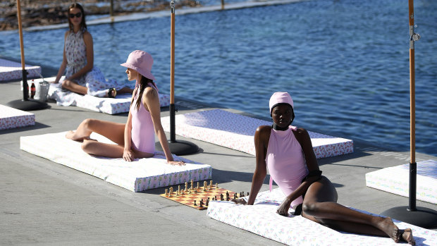 Models showcase the Emilia Wickstead x Matchesfashion.com collection at Wylie's Baths at Coogee during Mercedes-Benz Fashion Week Australia.