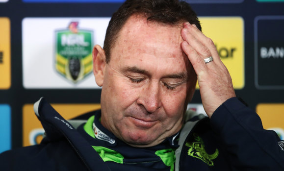 Hard done by: Ricky Stuart vents his frustration after the controversial loss to Cronulla.