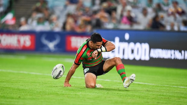 This one's for you, Mum: Cody Walker salutes his mother Linda, who died one year ago, after scoring for the Rabbitohs.