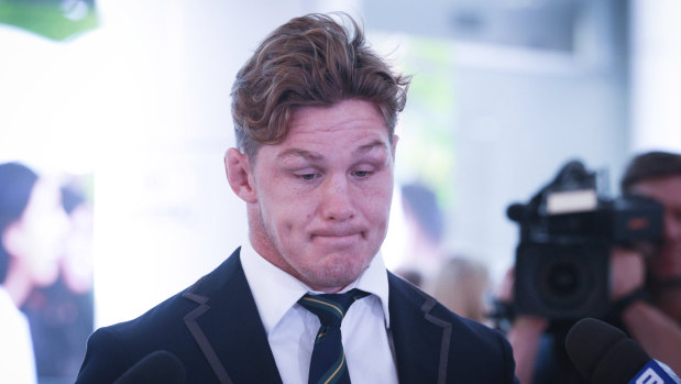 Shattered: The disappointment was etched on Michael Hooper's face after Australia's World Cup quarter-final exit. 