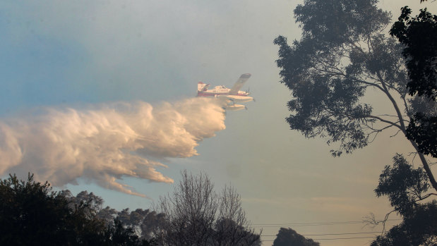 An aircraft helps to fight the fire at North Nowra. 