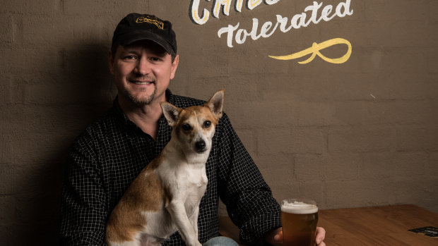 Peter Philip with Jack Russell Quila at his brewery in Camperdown.