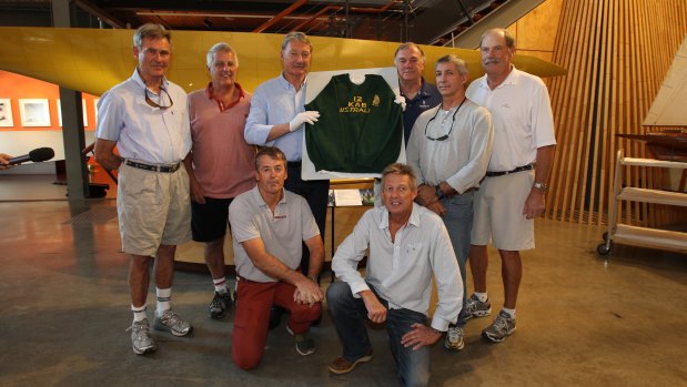 Austraia II skipper John Bertrand and crew of the 1983 Yacht Australia II in 2012.