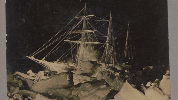 The Endurance, shown here stuck to the fast under the Antarctic ice, has been found more than 100 years after it was lost.