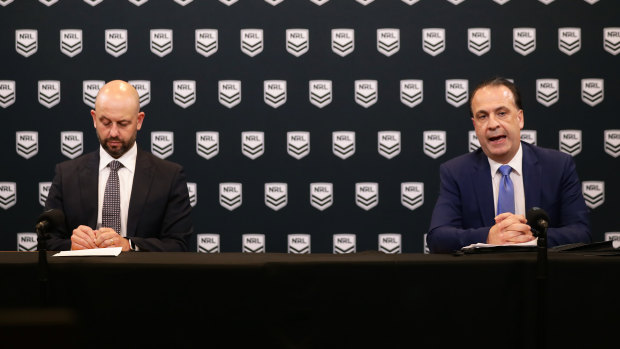 NRL chief Todd Greenberg and ARLC chairman Peter V'landys announce the indefinite suspension of the season.