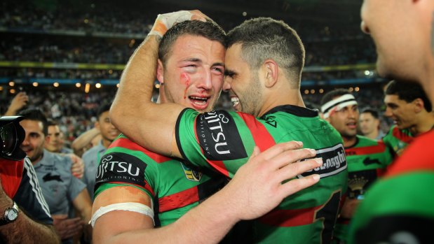 Sam Burgess and Greg Inglis after the Rabbitohs defeated the Bulldogs in the 2014 NRL grand final.