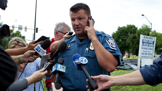 Maryland Police spokesman Lieutenant . Ryan Frashure speaks to the media at the scene.