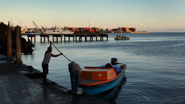 A man arrives at the Honiara Central Markets in the Solomon Islands.