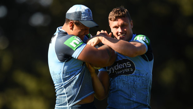 Raring to go: Jack Wighton and Latrell Mitchell at NSW training on Friday.