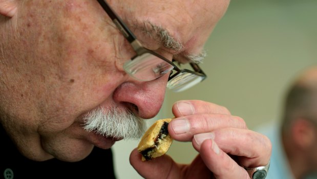 Michel Cattoen as a judge tasting Christmas mince pies, 2011.