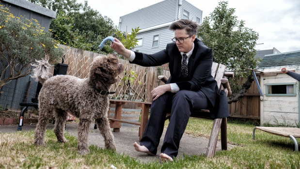 Hannah Gadsby in 2016 with her dog Douglas, who is the namesake of her new stand-up show. 
