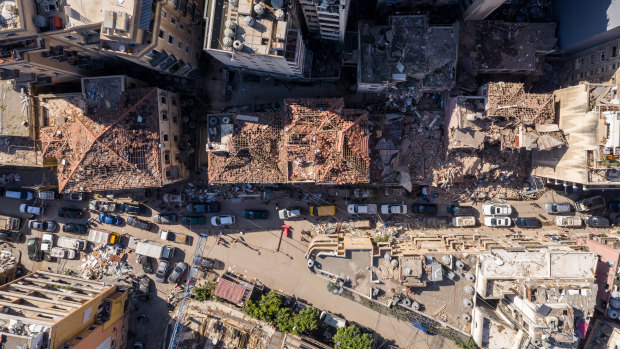 An aerial view of heavily damaged buildings in Beirut, Lebanon.