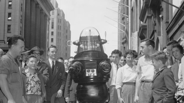 The "polite and witty" Robby The Robot visits Sydney to promote the M.G.M. film Forbidden Planet on 16 October 1956.
