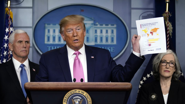 President Donald Trump, with members of the President's Coronavirus Task Force, holds a paper about countries best and least prepared to deal with a pandemic.