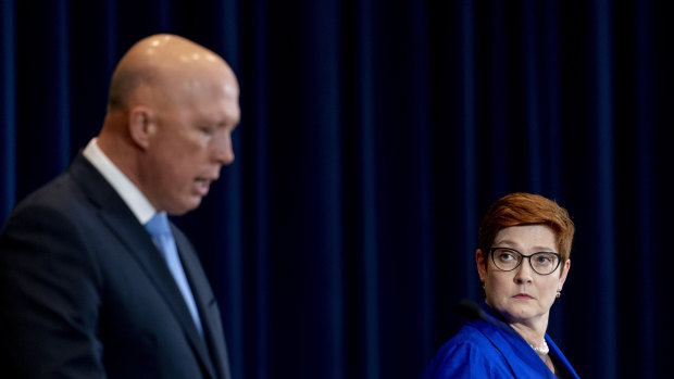 Optimistic about more US troop rotations: Marise Payne, right, speaks during a news conference with Secretary of State Antony Blinken, and Defence Secretary Lloyd Austin at the State Department in Washington.