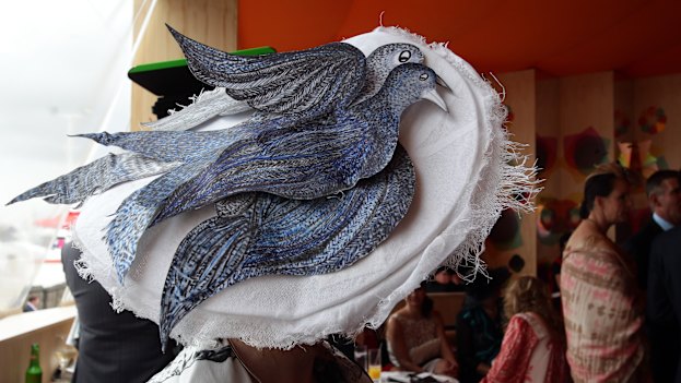 Millinery in full flight. Jackson wearing one of her creations in the birdcage at the 2010 Melbourne Cup.