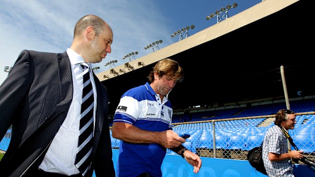 Todd Greenberg shows Des Hasler around Belmore on his first day at the club in 2012.
