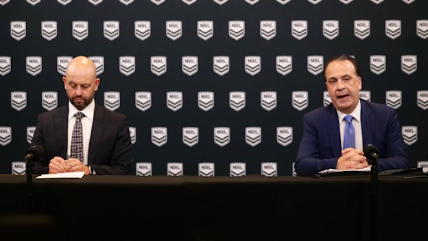 Game over: Former NRL chief executive Todd Greenberg and Peter V’landys in March, announcing that the season has been suspended.