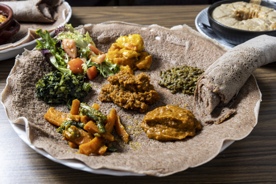 Go-to dish: Beyaynetu vegan platter on injera.