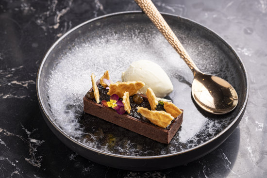 Gorgonzola ice cream with cherry compote.