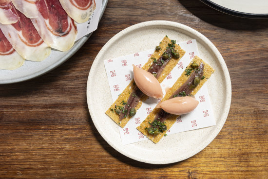 MoVida’s signature anchovy with smoked tomato sorbet.