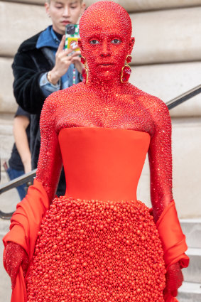 Doja Cat adorned with Swarovski crystals at the Schiaparelli haute couture show, Paris.