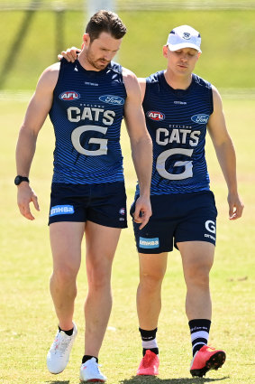 Patrick Dangerfield and Gary Ablett chat during Tuesday's training session at Southport.