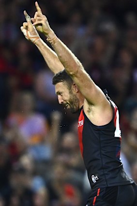 Cale Hooker celebrates one of his five goals against the Saints.