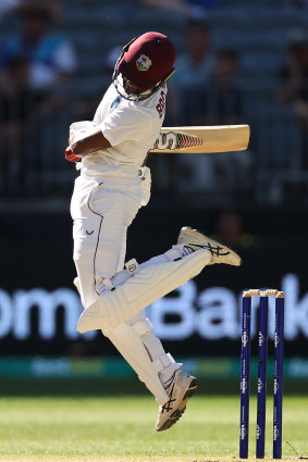 West Indian batsman Shamarh Brooks tries to get out of the way of a rising delivery.