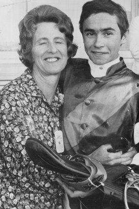 Emotional day ... Jockey Maurice Logue is congratulated by Pam Green, the mother of David Green.