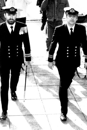 Lieutenant-Commander David Levine QC (right) arrives at the court martial of a Navy officer in 1985.