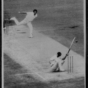 Sam Trimble takes cover as pace bowler John Snow thumbs down a bumper at the Brisbane cricket ground in1970.