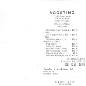 The receipt for lunch at Agostino.