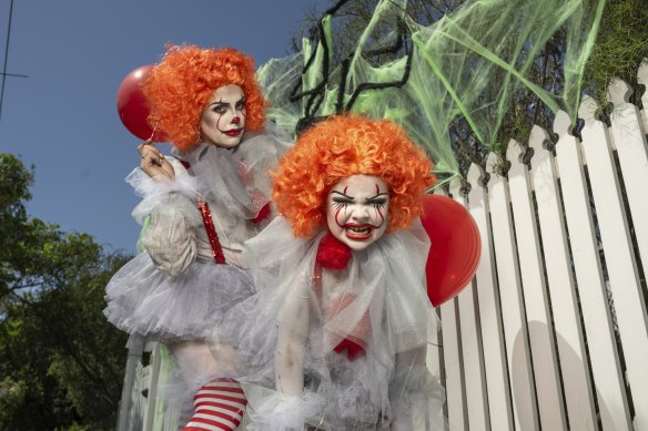 Harriet O’Donnell and daughter Lucille, 7, have been trick-or-treating together since Lucille was a baby. This year, they’re both going as Stephen King’s Pennywise.