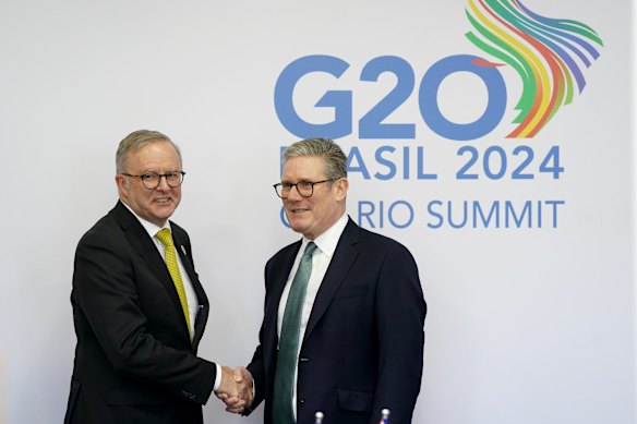 Anthony Albanese and UK Prime Minister Keir Starmer meet at the G20 summit in November.