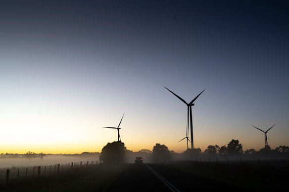 Wind turbines near Ballan in western Victoria, where renewables policies are brewing as an election issue ahead of the November state election.