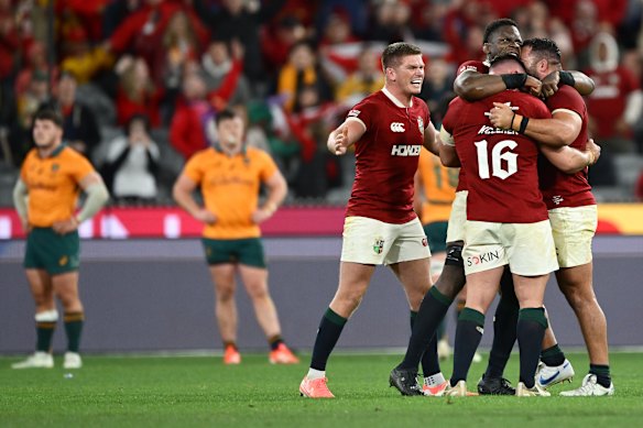 Owen Farrell, Ronan Kelleher, Maro Itoje and Ellis Genge of the British & Irish Lions celebrate.