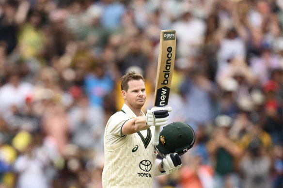 Steve Smith celebrates his century on Friday.