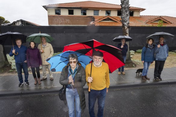 Jill Maddox and Eddie Micallef (front) are among the Port Melbourne residents worn out after years of fighting a foreshore development.