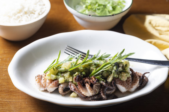 Octopus and green tomato salad comes with watercress soup and rice.