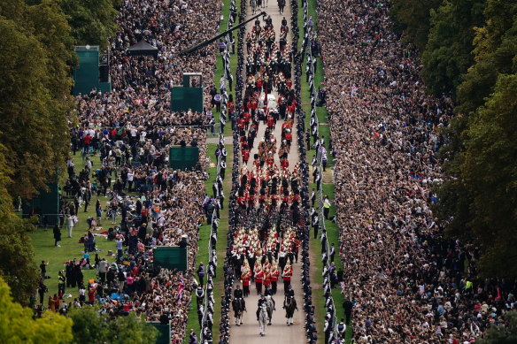 The Ceremonial procession of the coffin of Queen Elizabeth II travels down the Long Walk as it arrives at Windsor Castle for the Committal Service at St George’s Chapel.