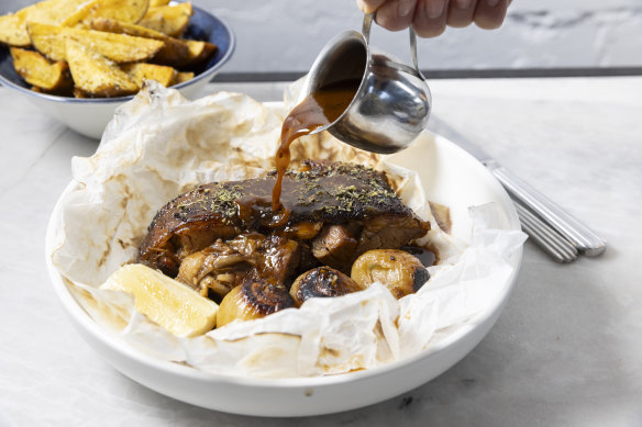 Slow-cooked lamb shoulder and potato wedges (top left).