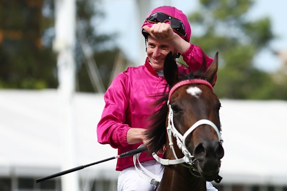 James McDonald after winning on Fangirl in the 2024 Apollo Stakes.