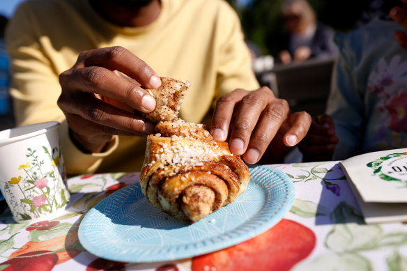 Coffee and a cinnamon scroll in Helsinki.